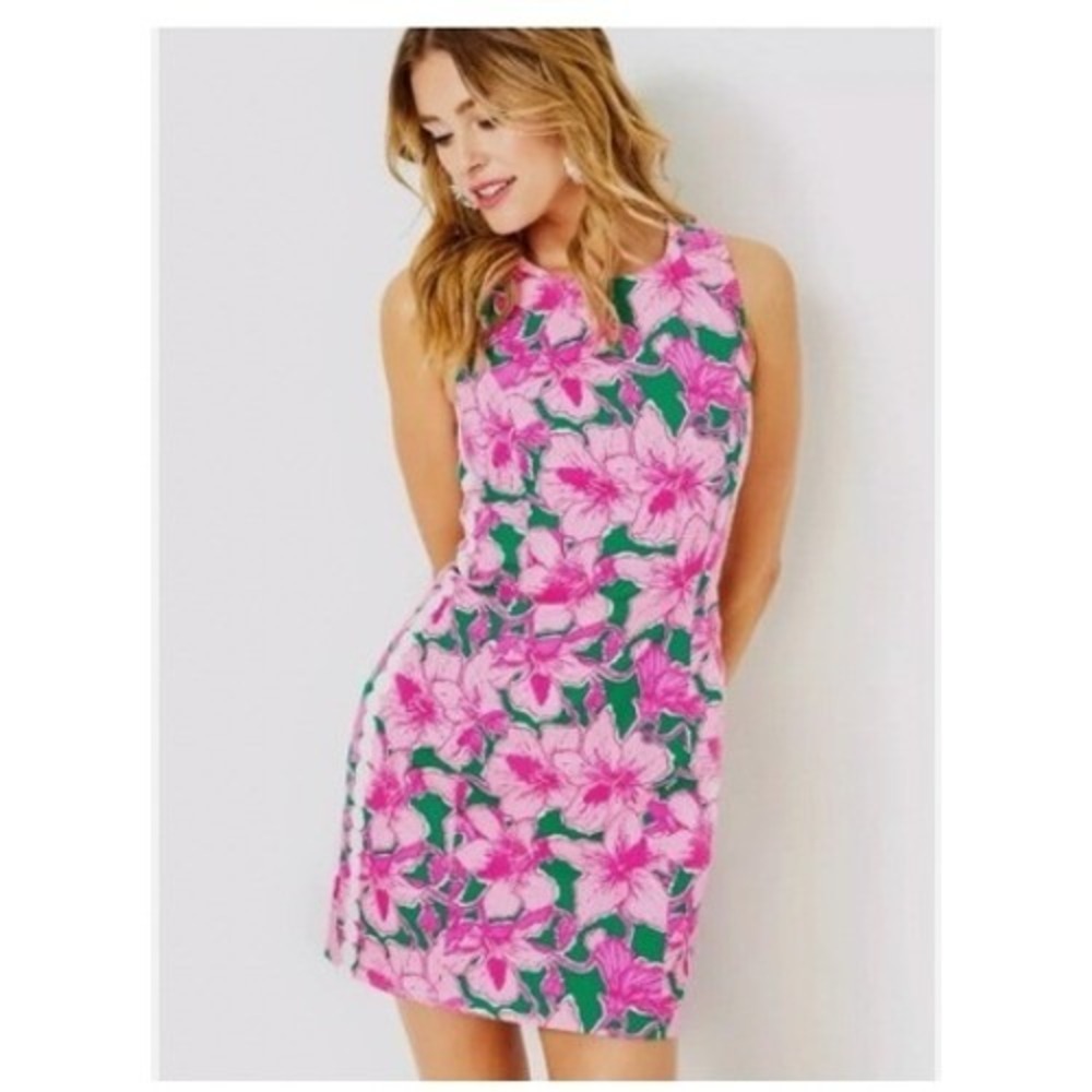 Lilly Pulitzer Pink Green Floral Shift Dress Lace Trim Old Money NWT 14